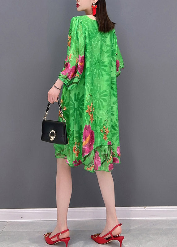Green O Neck Print Chiffon Tops and Shorts Two Pieces Three Quarter Sleeve