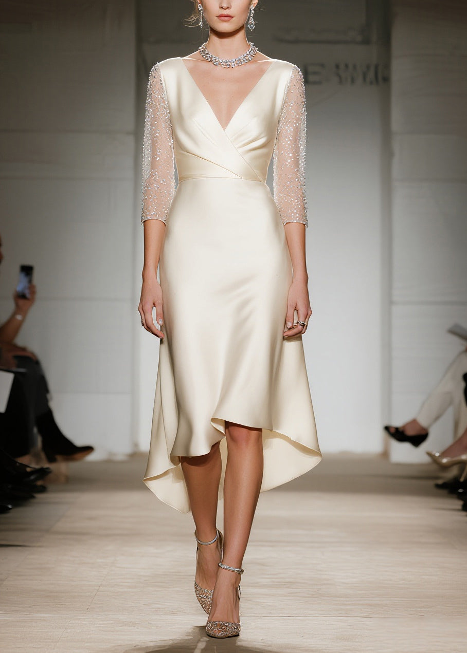 Champagne V Neck Patchwork Silk Dresses Summer