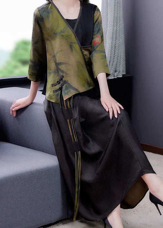 Green V Neck Patchwork Tasseled Oriental Button Silk Two Piece Set Summer
