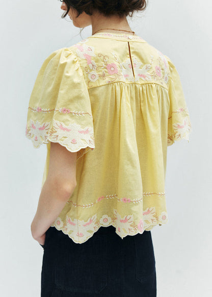 Yellow Embroidered Puff Sleeve Cotton Shirt Summer