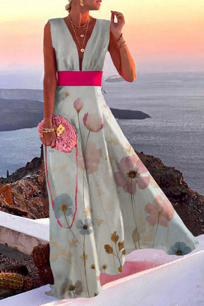 Simplicity White Flowers Split Joint V Neck a Line Dresses Summer