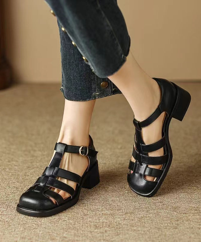 Black Classy Splicing Chunky Heel Hollow Out Sandals