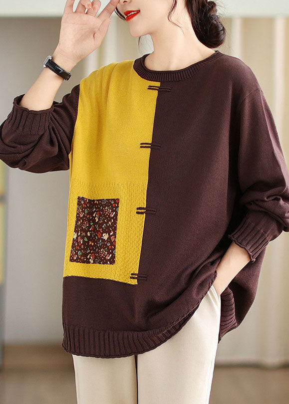 Yellow Print Patchwork Cotton Knit Sweaters Fall