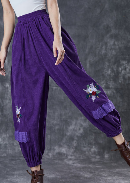 Dull Purple Embroideried Patchwork Corduroy Pants Fall