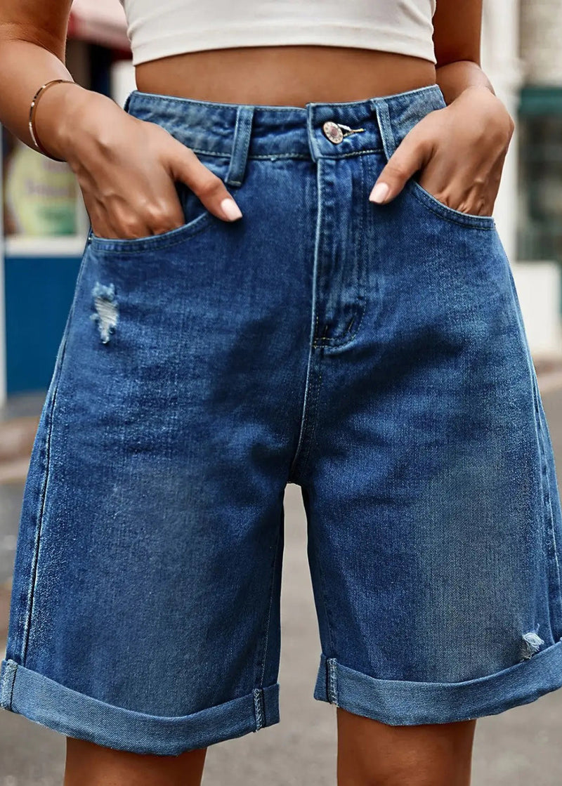 Denim Blue Button Denim Summer Shorts High Waist