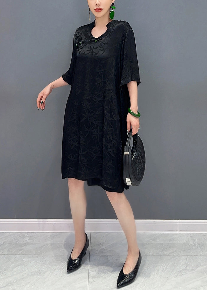 Black Shirts and Shorts Silk Two Pieces Set Chinese Button Summer
