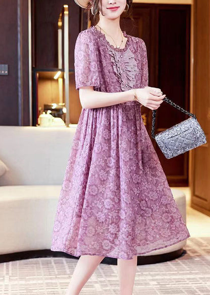 Purple Print Ruffled Patchwork Chiffon Long Dresses Summer