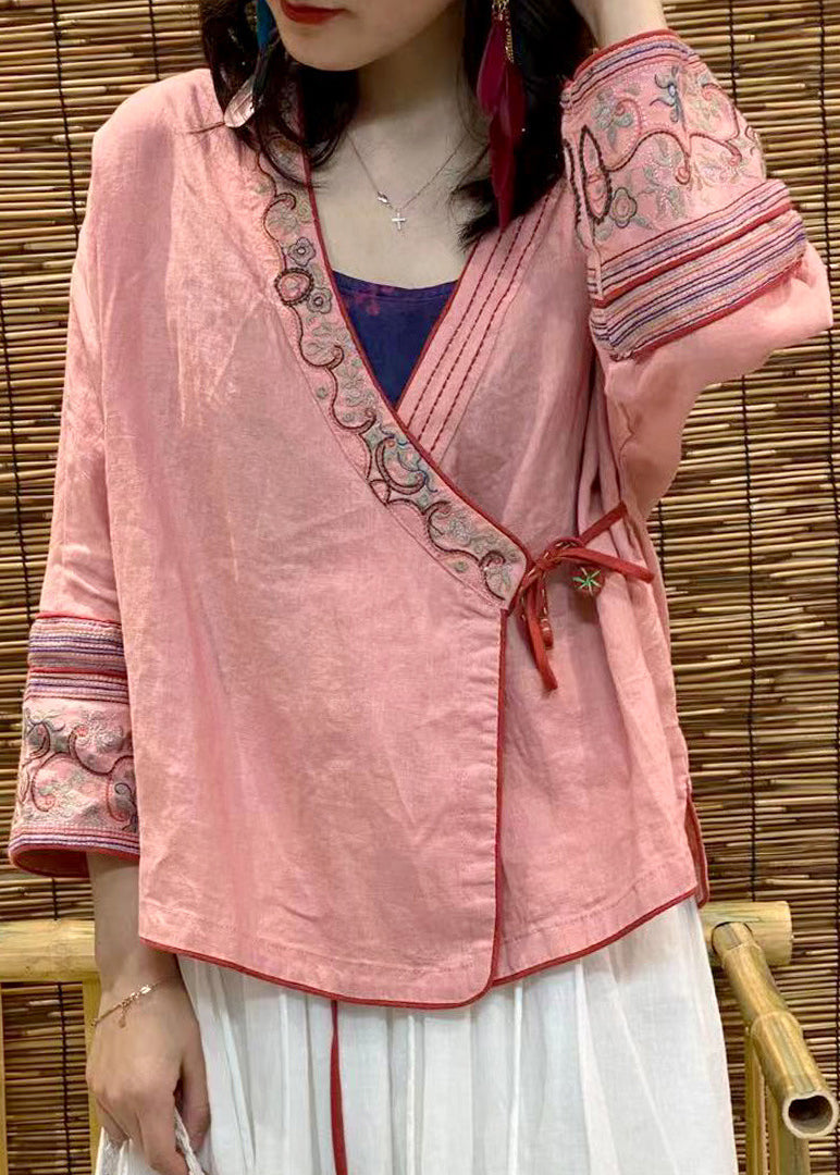 Modern Pink V Neck Embroideried Linen Tops Long Sleeve