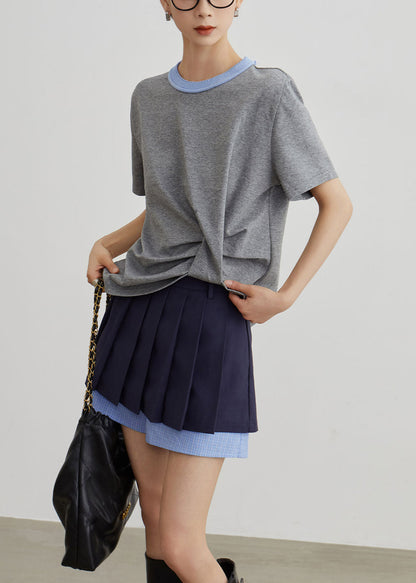 French Grey O-neck Patchwork T Shirts and Navy Pants Skirt Cotton Two Piece Set Summer