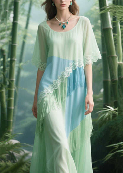 Light Green Tasseled Patchwork Lace Tulle Long Dresses Summer