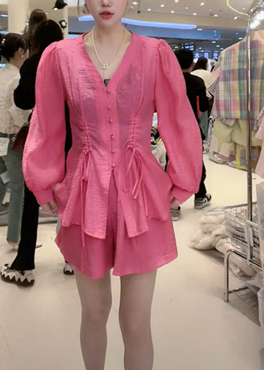 Modern Red V Neck Chiffon Shirt and Shorts Two Pieces Set Summer