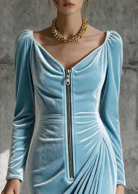Sky Blue Zip Up Wrinkled Silk Velvet Maxi Dresses Spring