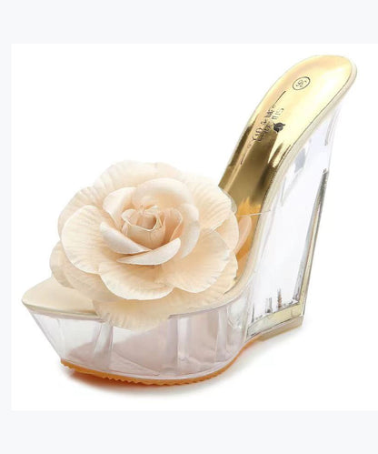 Apricot Stylish Wedge Heels Slide Sandals Peep Toe