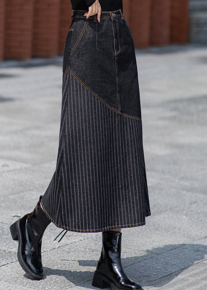 Unique Dark Grey Pockets Patchwork Denim Skirts Spring