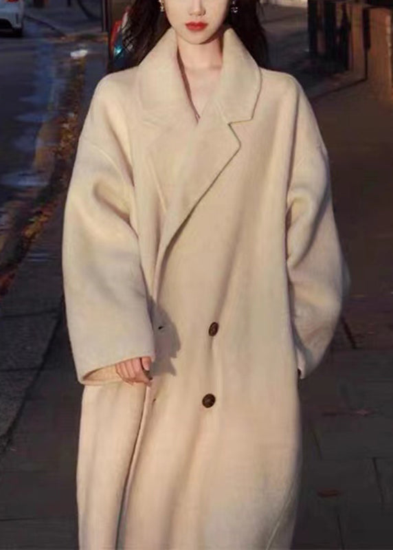 Apricot Peter Pan Collar Button Pockets Woolen Coats Long Sleeve
