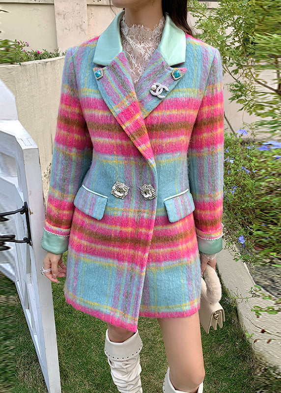 Rose Notched Plaid Button Woolen Coats and Skirts Two Pieces Set Winter