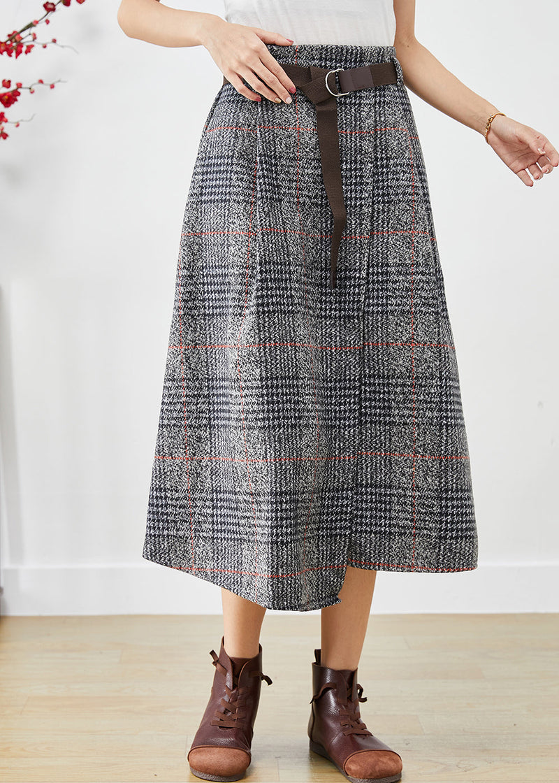 Grey Asymmetrical Plaid Woolen a Line Skirts Fall