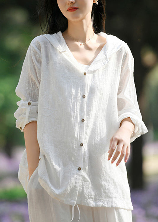 White Hooded Button Patchwork Cotton Coats Long Sleeve