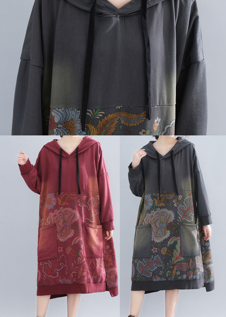 Grey Sweatshirt Dresses Hooded Drawstring Pockets Spring