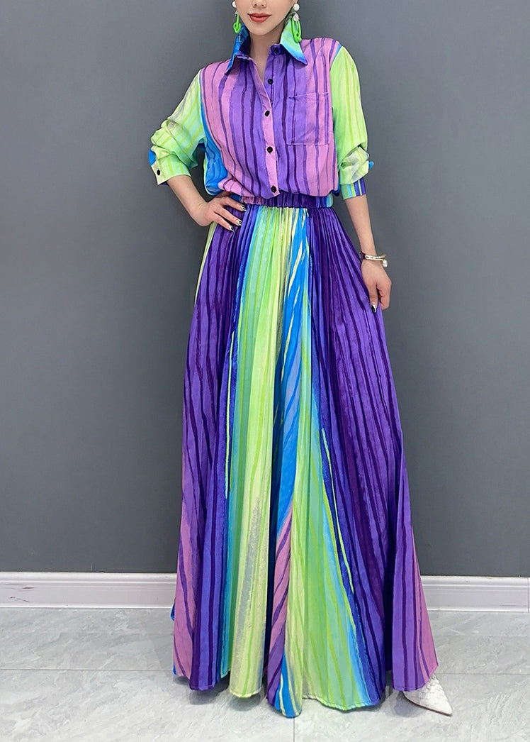 Gradient Color Striped Cotton Pleated Sets 2 Pieces Fall