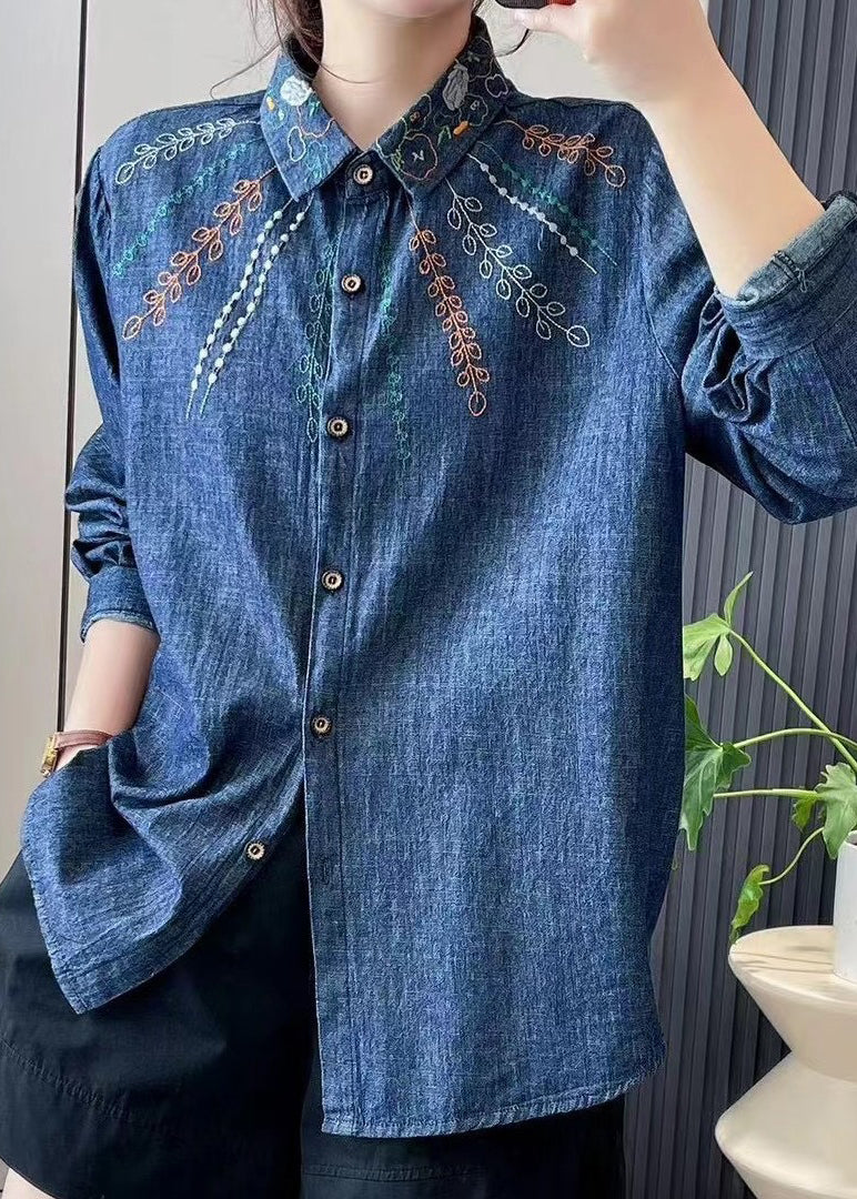 Denim Blue Peter Pan Collar Embroidered Button Shirt Long Sleeve