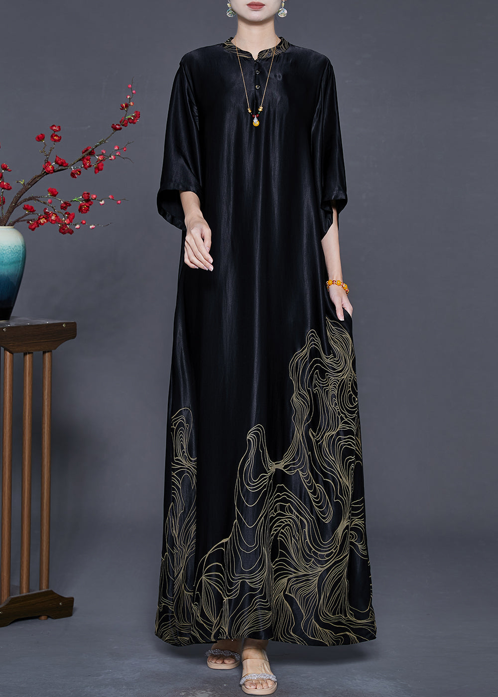 Boutique Black Mandarin Collar Print Silk Long Dresses Half Sleeve Summer