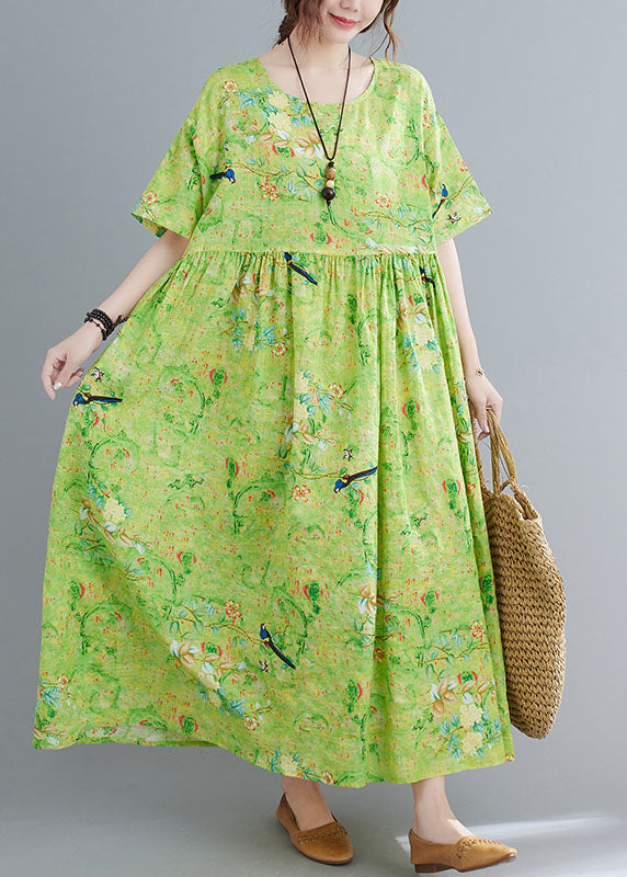 Green O-neck Print Exra Large Hem Wrinkled Cotton Long Dress Short Sleeve