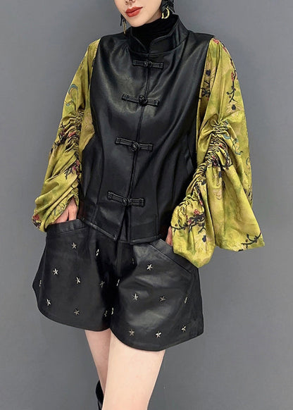 New Black Print Wrinkled Faux Leather Patchwork Coat Fall