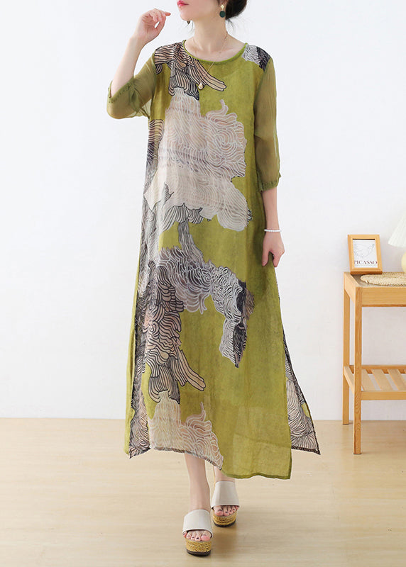 Slim Fit Green O-neck Side Open Tunic Print Linen Party Dress Half Sleeve