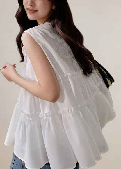 White O-neck Ruffled Cotton Tanks Sleeveless