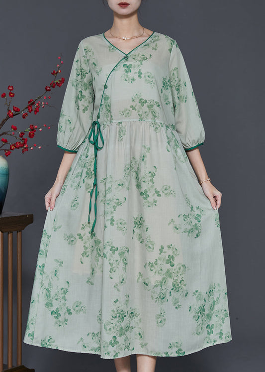Green Print Linen Long Dress Bracelet Sleeve