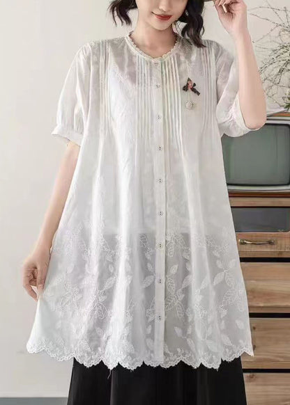 White Embroidered Cotton Long Blouses Summer
