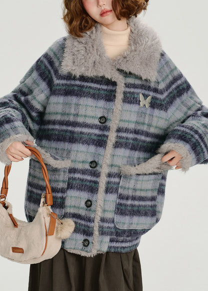 Blue Pockets Plaid Warm Fleece Coat Outwear Winter