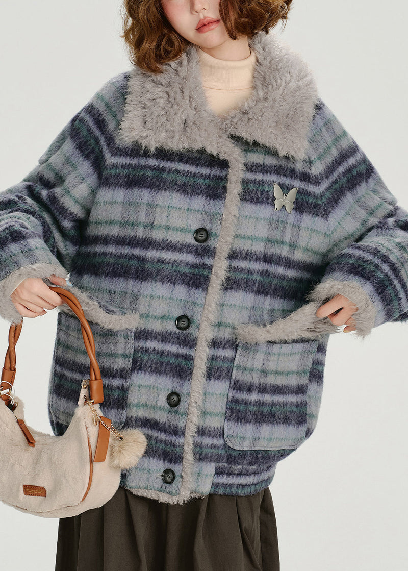 Blue Pockets Plaid Warm Fleece Coat Outwear Winter