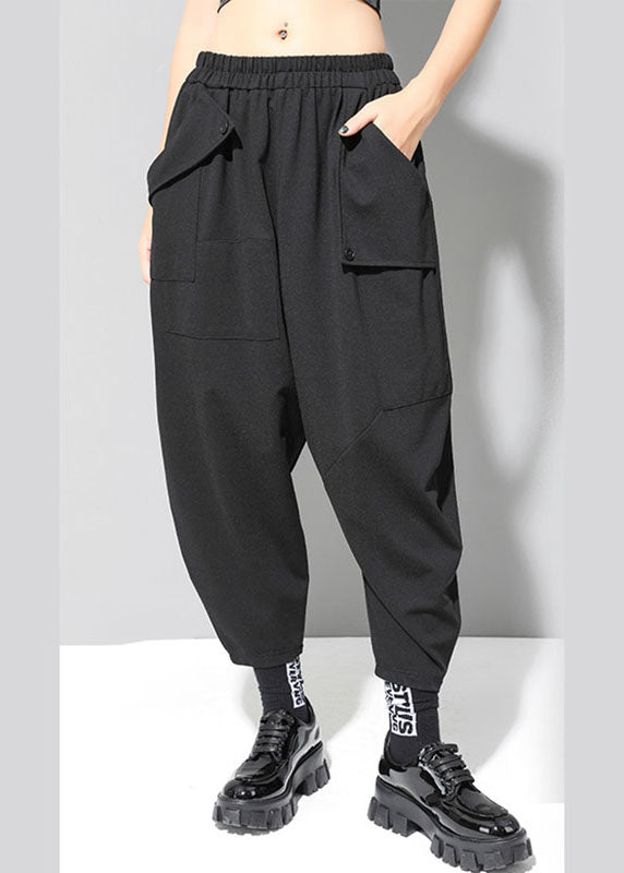 Black Elastic Waist Pockets Fall Harem Pants