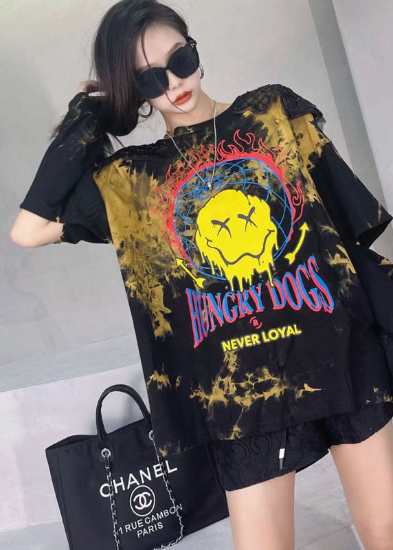 Black Print Patchwork Tie Dye Sequins Fall Sweatshirt