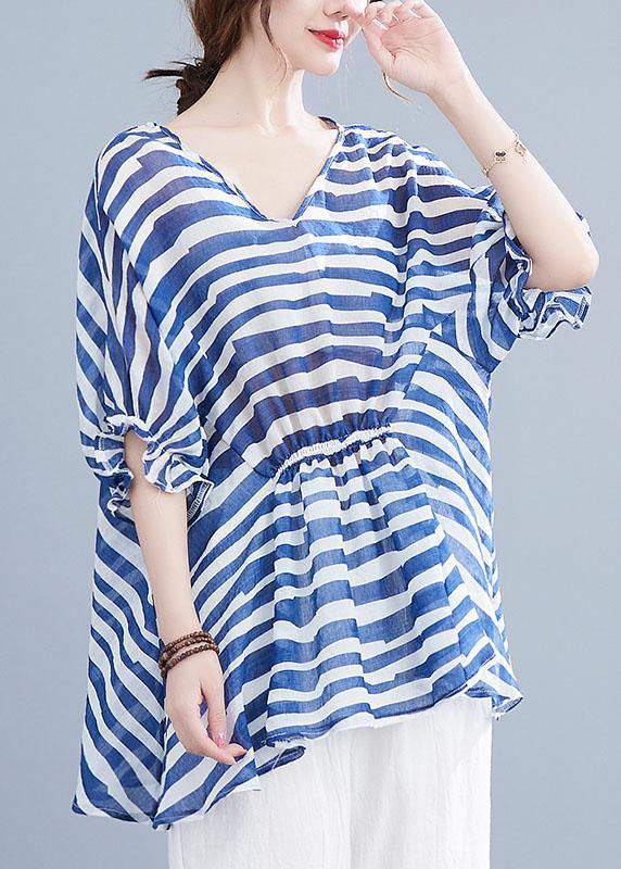 Diy Blue Loose Flare Sleeve V Neck Summer Shirts