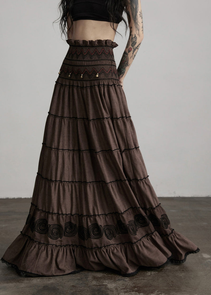 Brown Embroidered Tasseled Cotton Holiday Skirt Spring