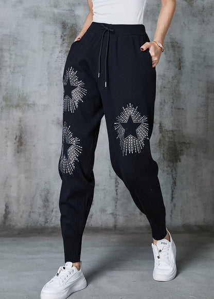 Diy Black Elastic Waist Zircon Cotton Harem Pants Spring