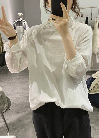 Simple White Stand Collar Cotton Shirt Spring