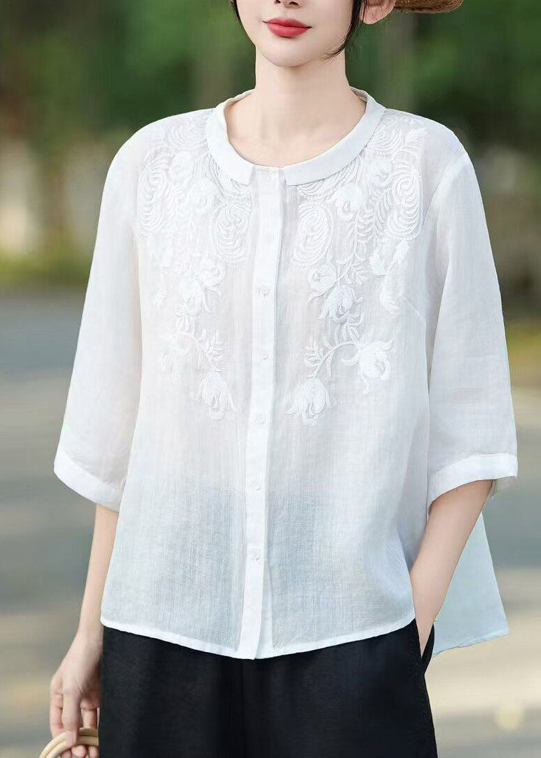 Yellow Peter Pan Collar Embroidered Linen Shirt Tops Half Sleeve