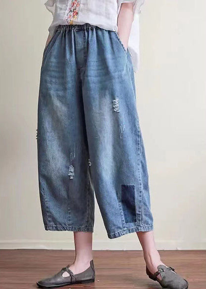 Natural Blue Pockets Hole Harem Fall Denim Pant