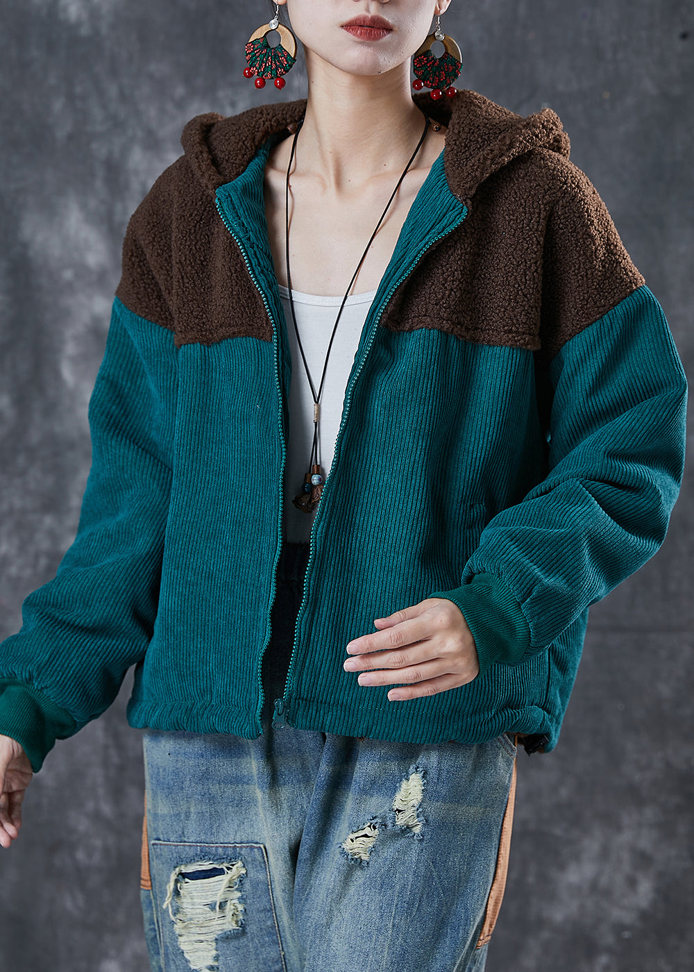 Classy Green Hooded Patchwork Warm Fleece Coats Winter