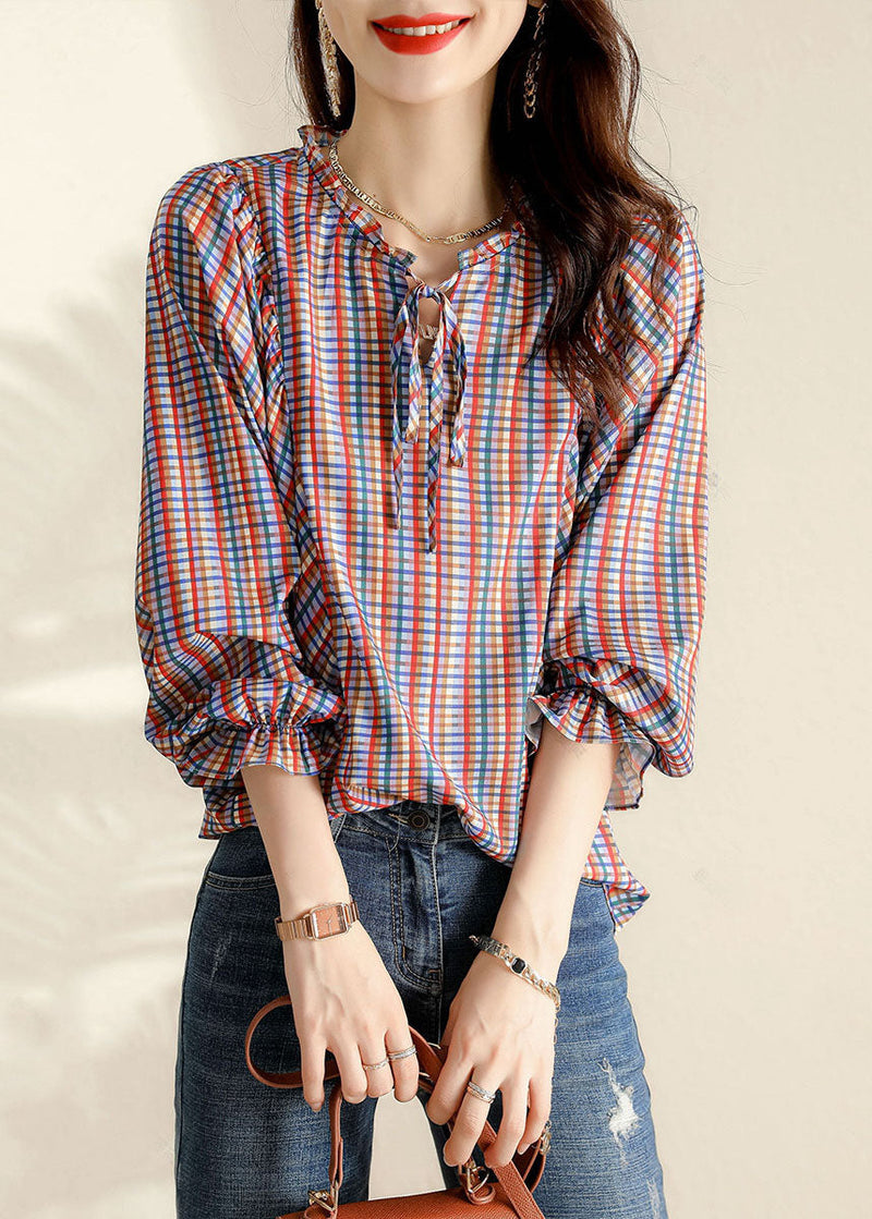 Ruffled Plaid Blouse Tops Spring