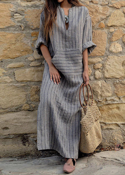 Striped V Neck Long Sleeve Loose Maxi Dress