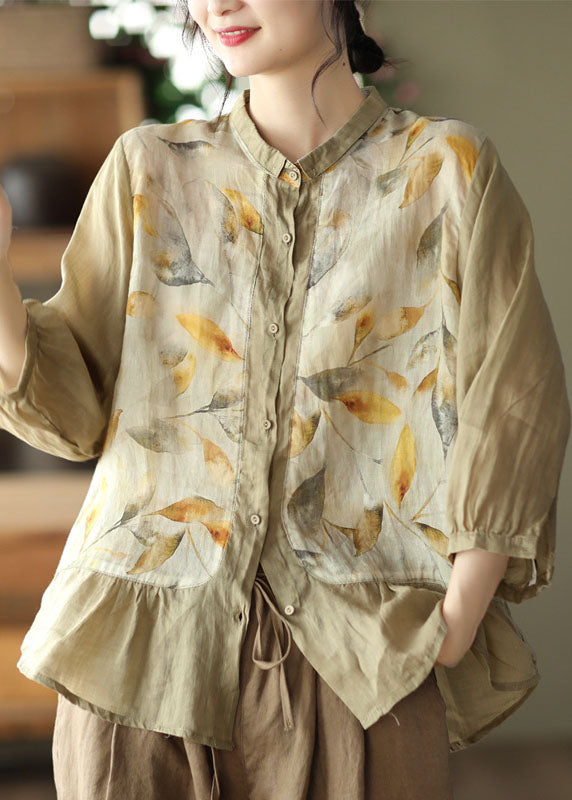 Khaki Print Linen Blouses Ruffles Peter Pan Collar Three Quarter Sleeve
