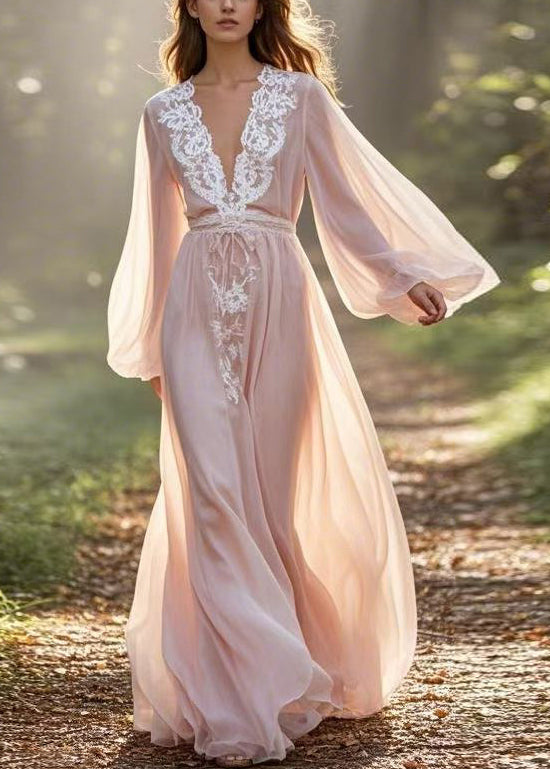 Boutique V Neck Lace Patchwork Chiffon Maxi Dresses Lantern Sleeve Summer
