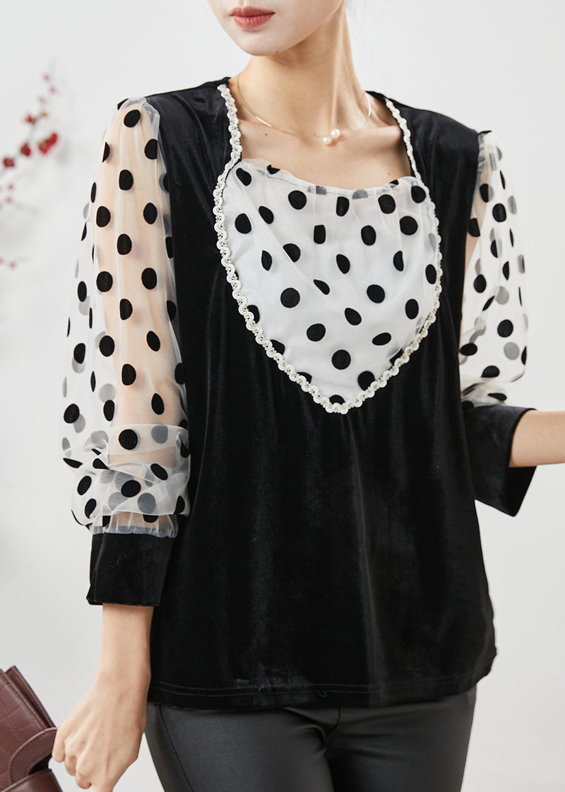 Black Dot Patchwork Velour Fake Two Piece Shirts Spring