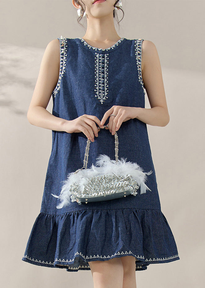 Blue Print Patchwork Denim Mid Dresses Sleeveless