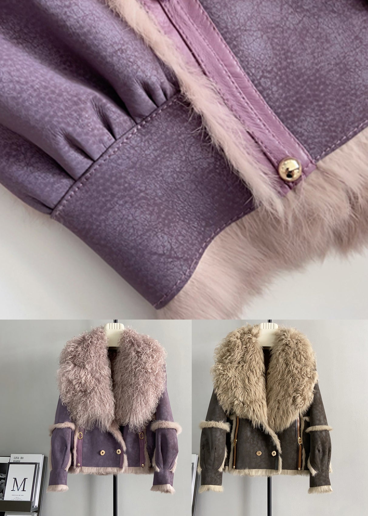 Chocolate Patchwork Leather and Fur Coats Wool Collar Winter